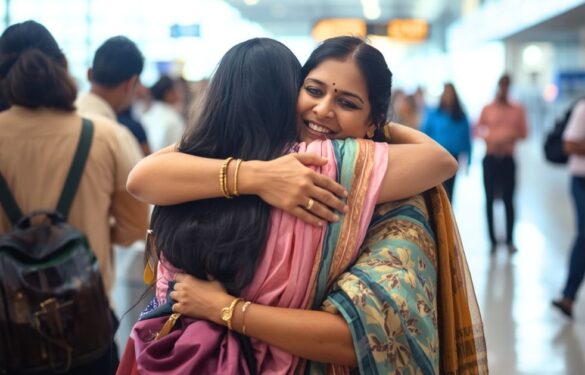 indian parent hugging daughter/canva